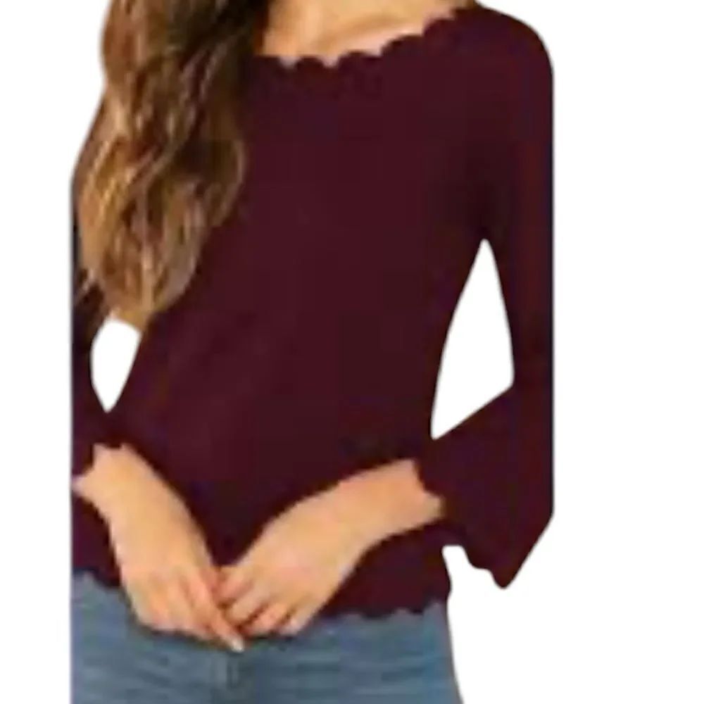 Philosophy Women's Burgundy Wine M Scalloped Edge 3/4 Sleeve Knit Sweater